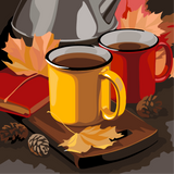 Two autumn-themed coffee mugs with leaves, pinecones, and kettle