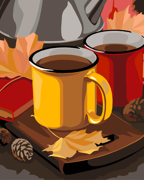 Two autumn-themed coffee mugs with leaves, pinecones, and kettle