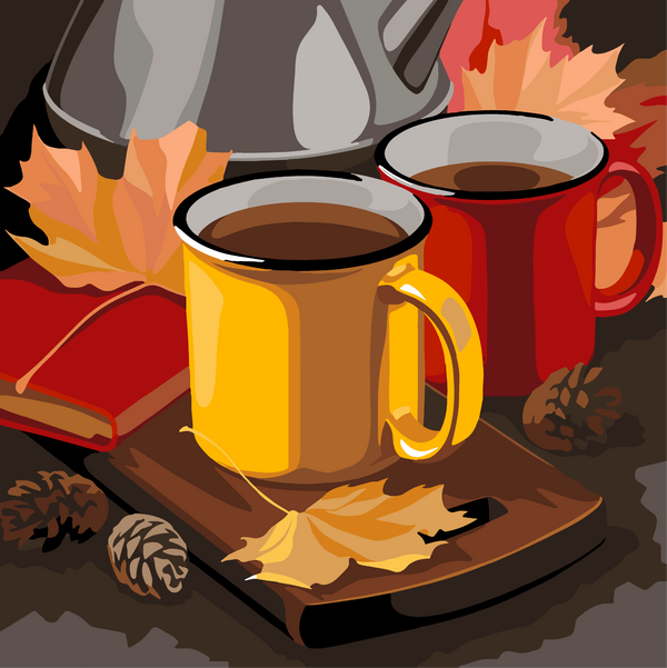 Two autumn-themed coffee mugs with leaves, pinecones, and kettle