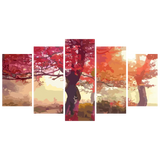 Multi-panel autumn landscape painting with vibrant red and orange trees