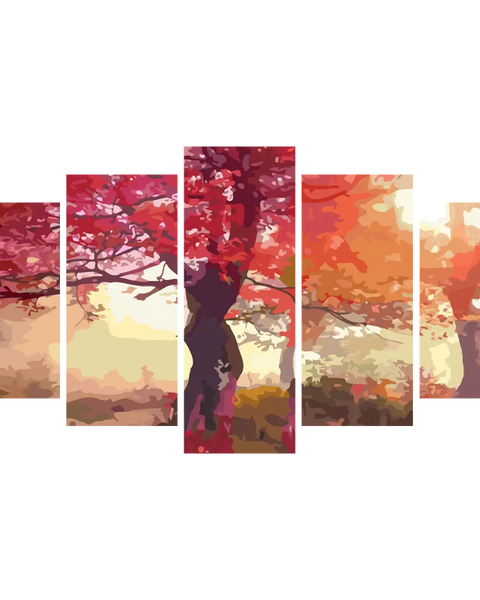 Multi-panel autumn landscape painting with vibrant red and orange trees