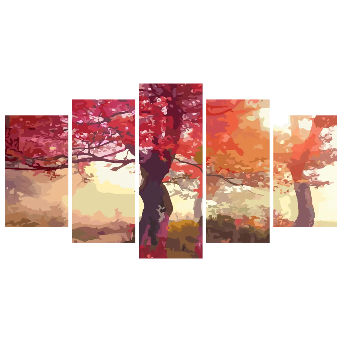 Multi-panel autumn landscape painting with vibrant red and orange trees