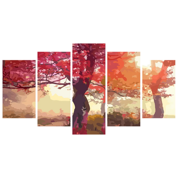 Multi-panel autumn landscape painting with vibrant red and orange trees
