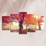 Multi-panel autumn landscape painting with vibrant red and orange trees