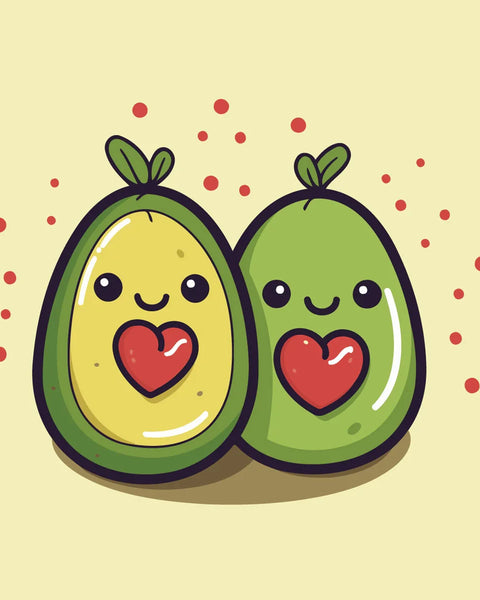Cute avocado couple painting with smiling faces and heart pits