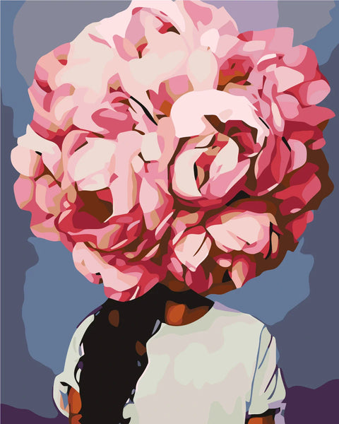 Surreal painting of a woman with a giant pink flower head