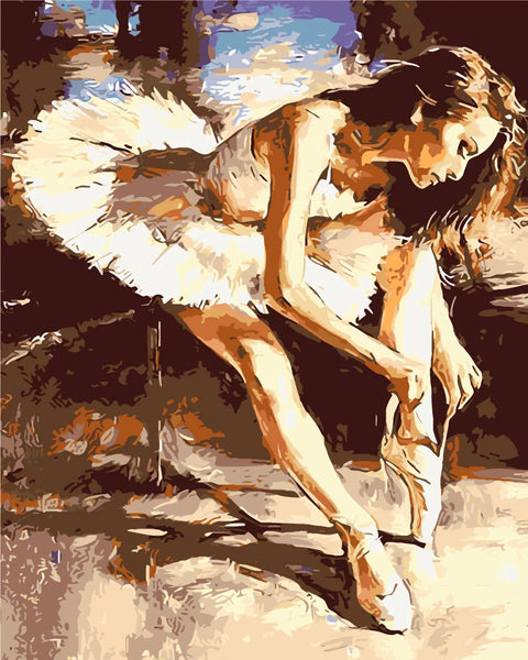 Elegant painting of a ballerina tying her pointe shoes backstage