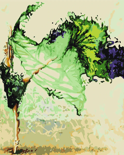 Graceful ballerina dancing with flowing green and black dress