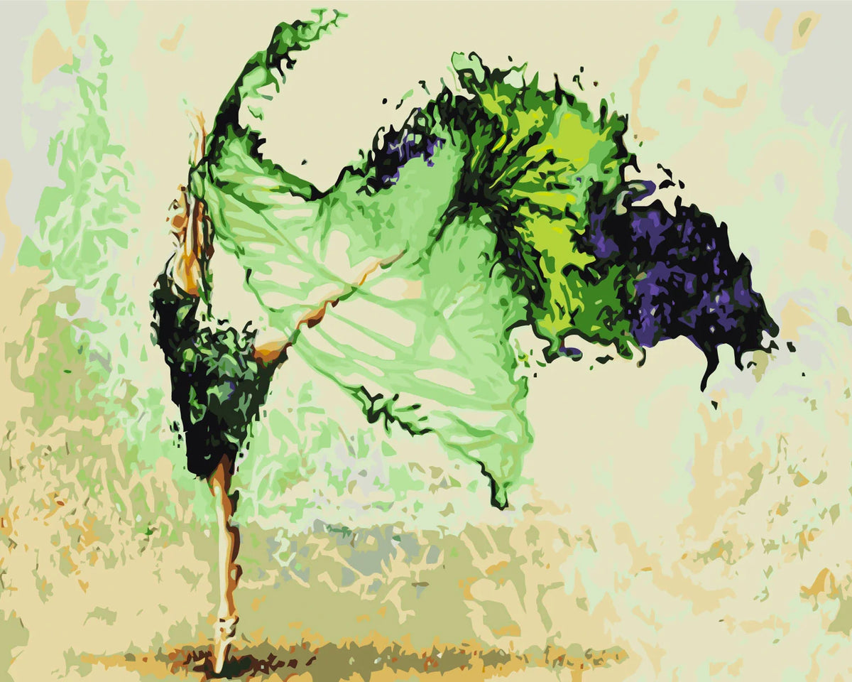 Graceful ballerina dancing with flowing green and black dress