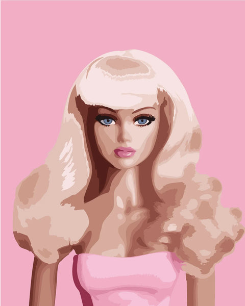 Blonde fashion doll with blue eyes wearing pink outfit