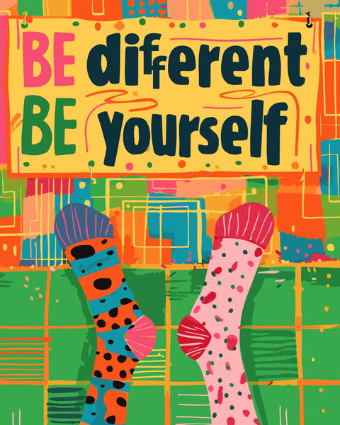 Colorful mismatched socks with be different be yourself message