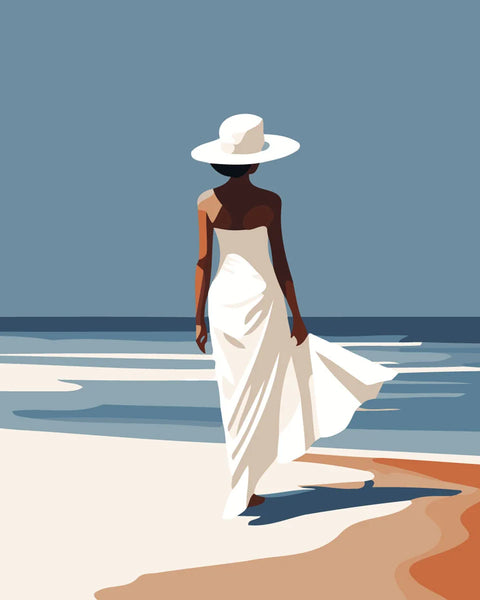 Elegant woman in white dress and hat walking on the beach