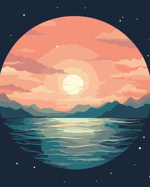 Scenic sunset over ocean with mountains and starry night sky