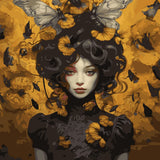 Mysterious woman with dark curls adorned with butterflies and flowers
