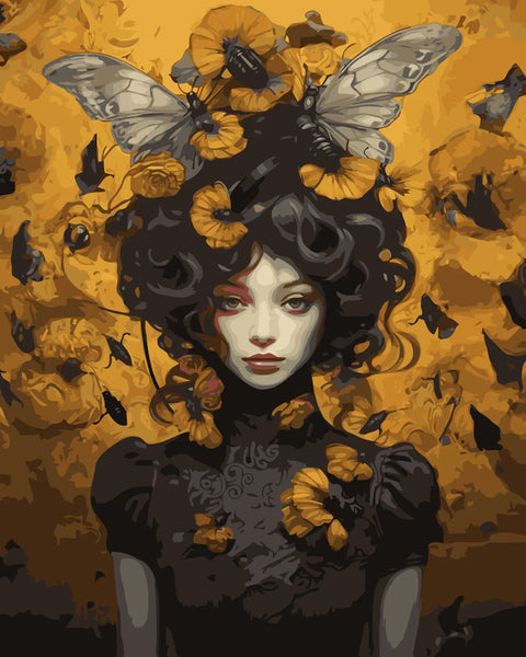 Mysterious woman with dark curls adorned with butterflies and flowers