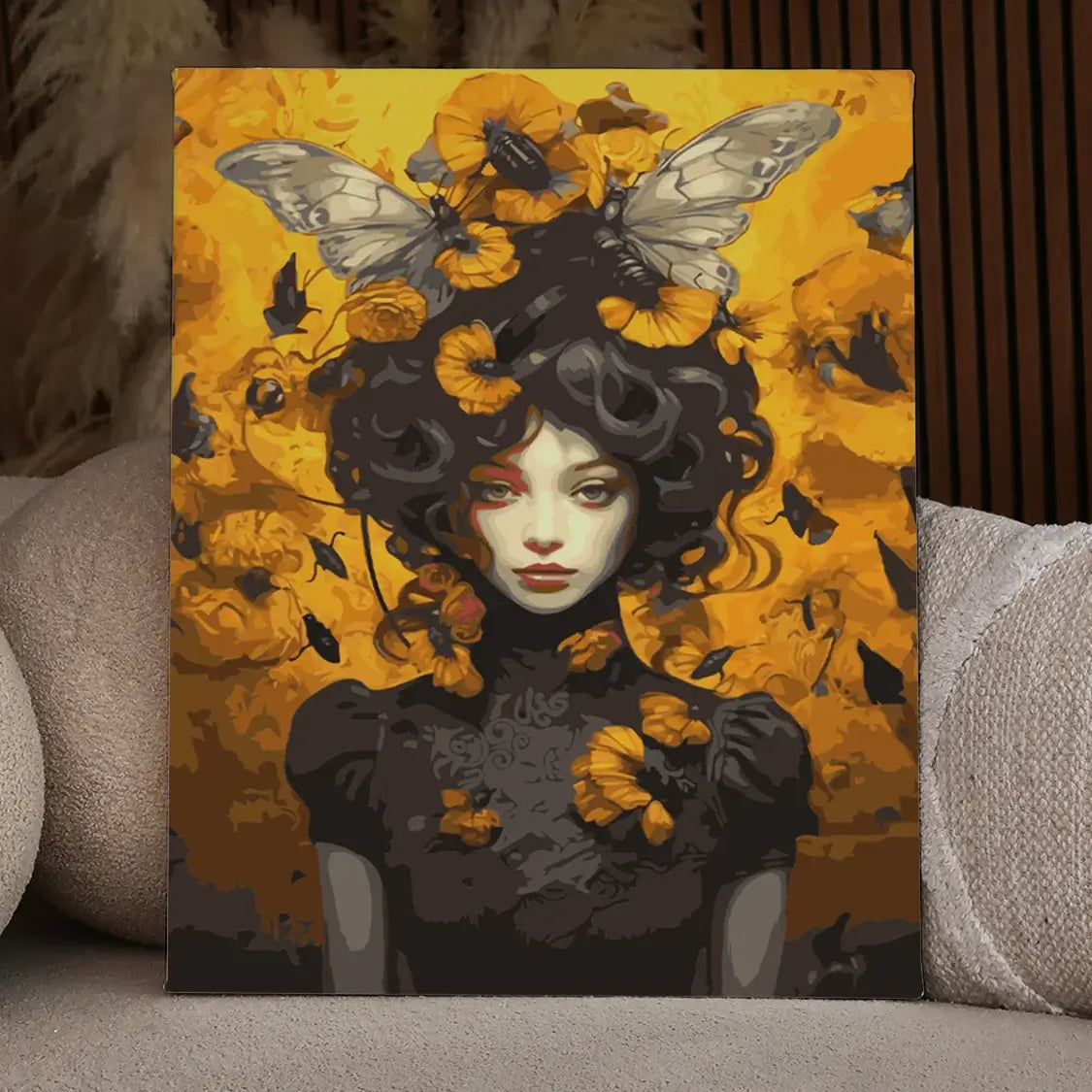 Mysterious woman with dark curls adorned with butterflies and flowers