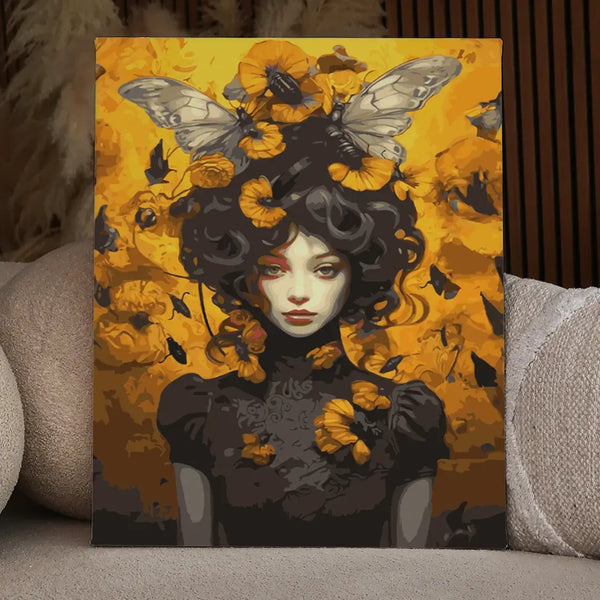 Mysterious woman with dark curls adorned with butterflies and flowers