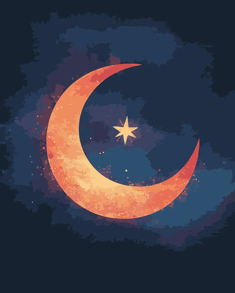 Golden crescent moon and star glowing against a deep blue cosmic sky, featured in the Blessed Moon paint by numbers kit.
