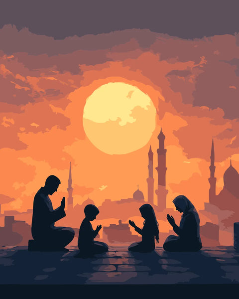 Silhouetted family in prayer under a golden sunset, with a city skyline and minarets in the background, featured in the Blessings at Dusk paint by numbers kit.