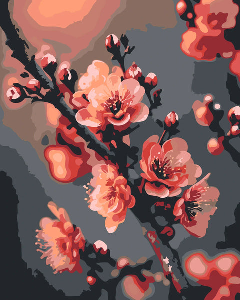 Painting of blooming cherry blossoms on a dark background