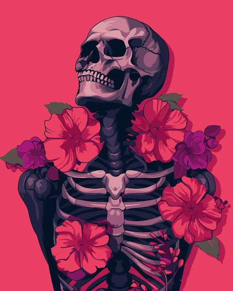 Painting of a skeleton adorned with vibrant red and purple flowers