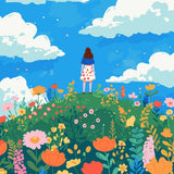 Woman standing on a hill surrounded by colorful wildflowers
