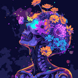Vibrant skeleton with flowers growing from skull in neon colors