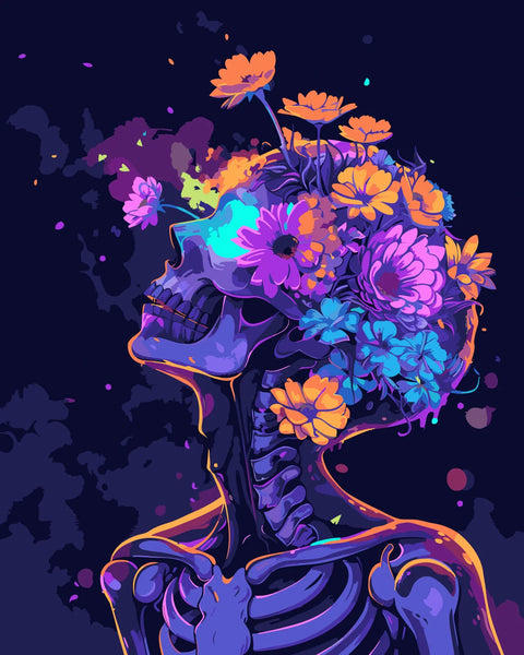 Vibrant skeleton with flowers growing from skull in neon colors
