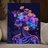 Vibrant skeleton with flowers growing from skull in neon colors