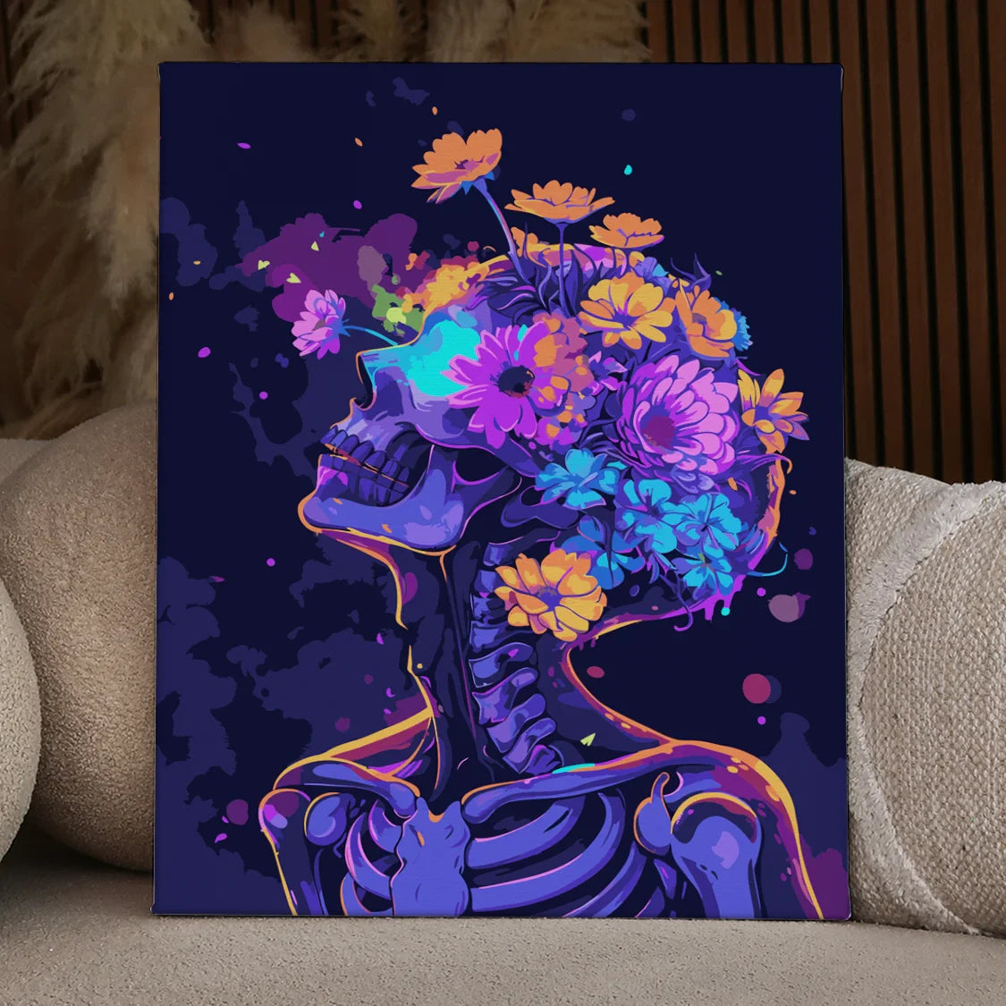 Vibrant skeleton with flowers growing from skull in neon colors