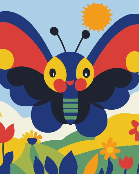 Colorful cartoon butterfly smiling in a bright floral landscape