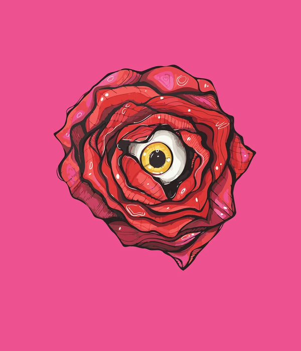 A stylized red rose with a central golden eye on a bright pink background. Surreal floral artwork by Kalinina for the Bloomwatch paint by numbers kit.