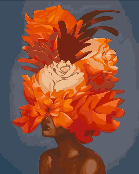 Surreal portrait of a woman with vibrant orange floral headpiece