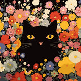 Black cat with yellow eyes surrounded by colorful blooming flowers