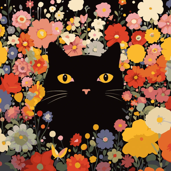 Black cat with yellow eyes surrounded by colorful blooming flowers