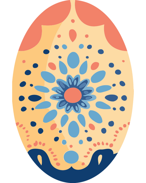 Blossom Egg Paint by Numbers Kit featuring a stylized floral mandala design in coral, blue, and navy on an egg-shaped canvas.