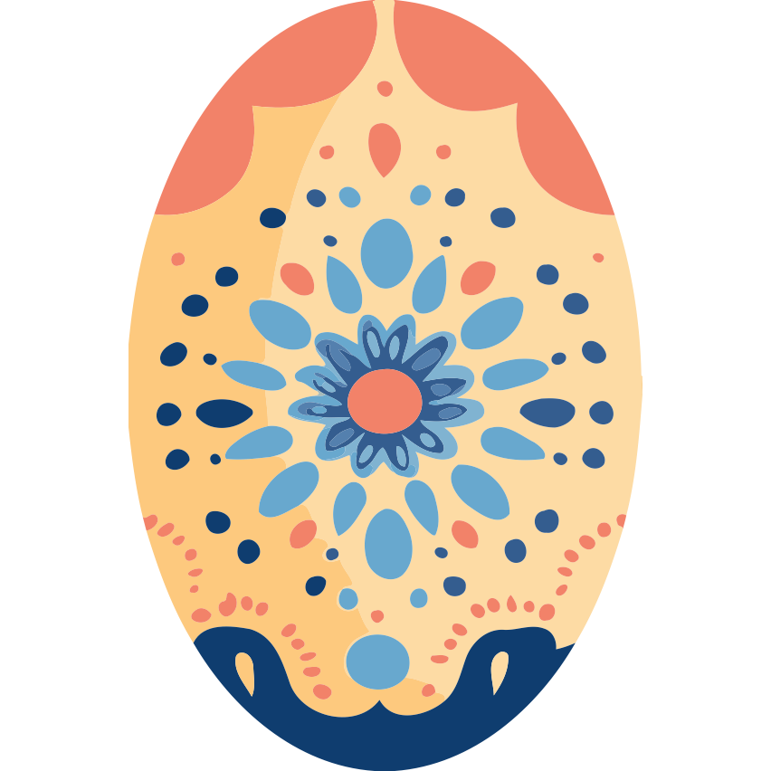 Blossom Egg Paint by Numbers Kit featuring a stylized floral mandala design in coral, blue, and navy on an egg-shaped canvas.