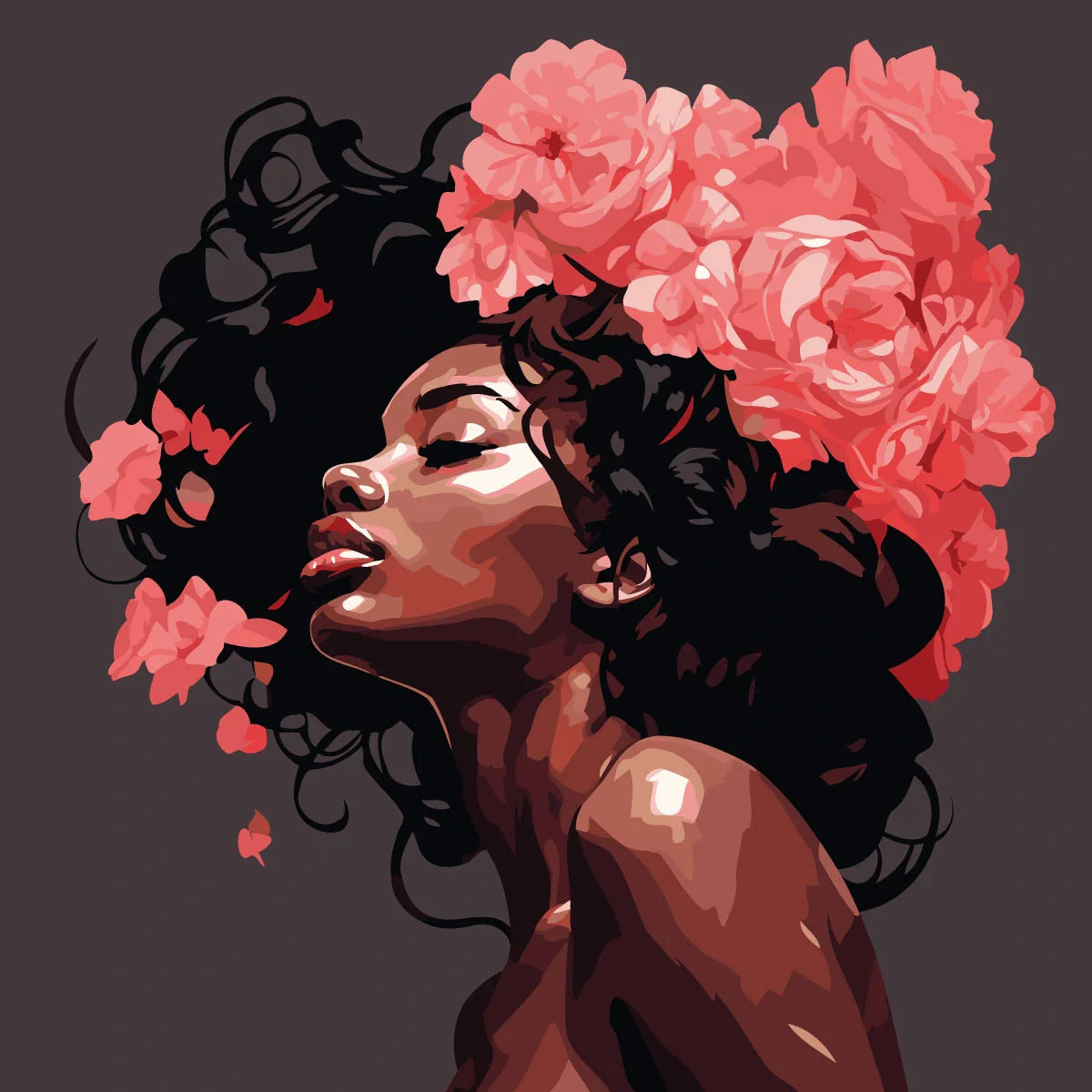 Woman with dark curly hair adorned with vibrant pink roses