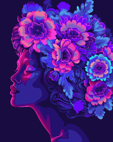Vibrant neon portrait of a woman with glowing floral crown