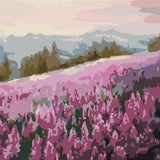 Sakura field landscape painting with mountains and soft pastel sky