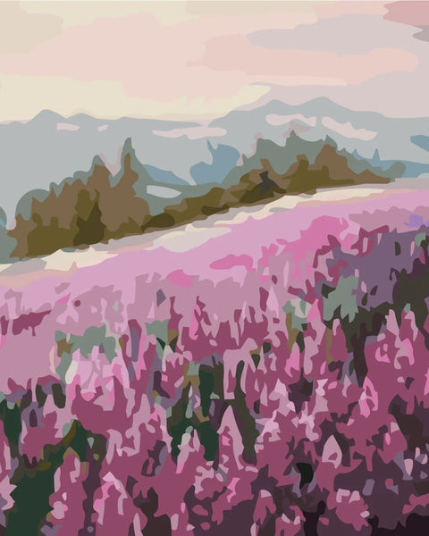 Sakura field landscape painting with mountains and soft pastel sky