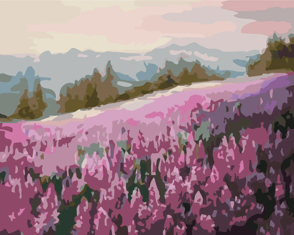 Sakura field landscape painting with mountains and soft pastel sky