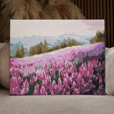 Sakura field landscape painting with mountains and soft pastel sky