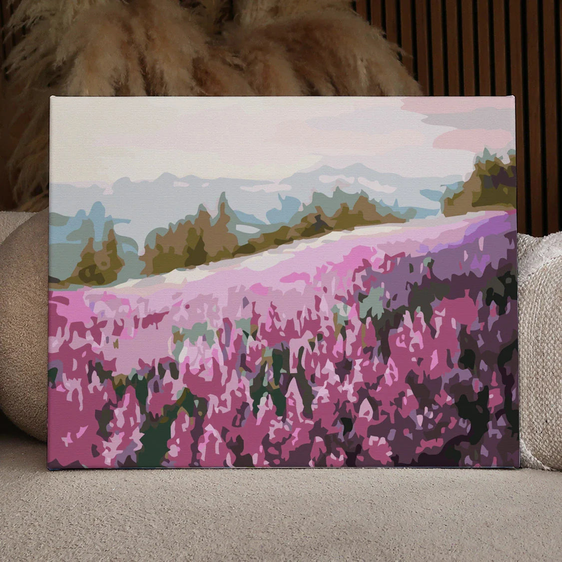 Sakura field landscape painting with mountains and soft pastel sky