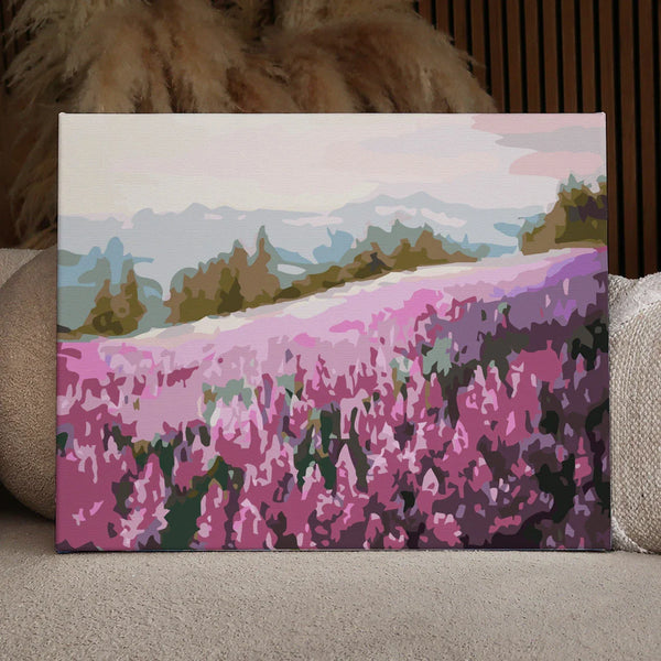 Sakura field landscape painting with mountains and soft pastel sky