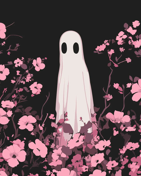 Ghost figure in floral field with dark background aesthetic painting