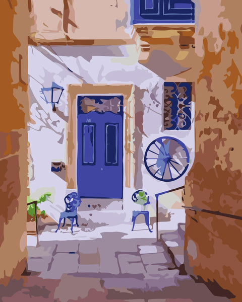 Mediterranean alley with blue door and chairs painting