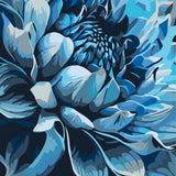 Blue floral painting with intricate petal details and dark background