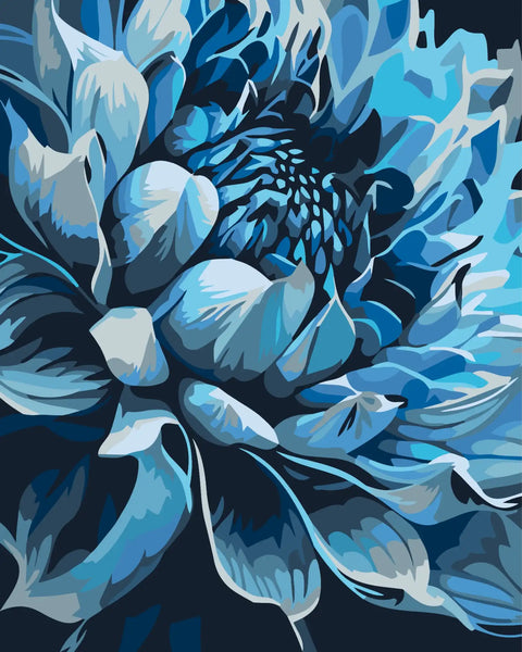 Blue floral painting with intricate petal details and dark background
