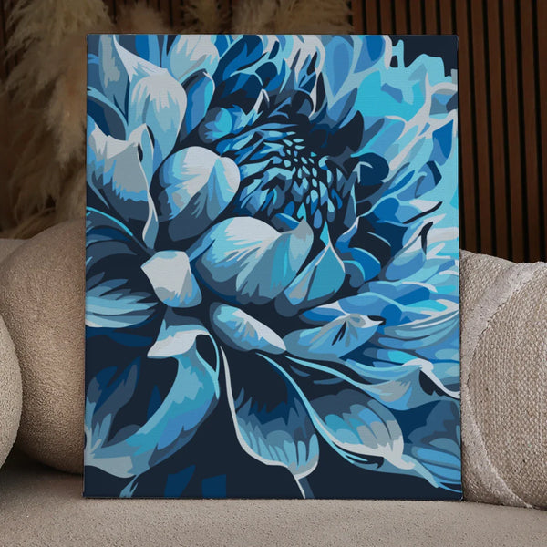 Blue floral painting with intricate petal details and dark background